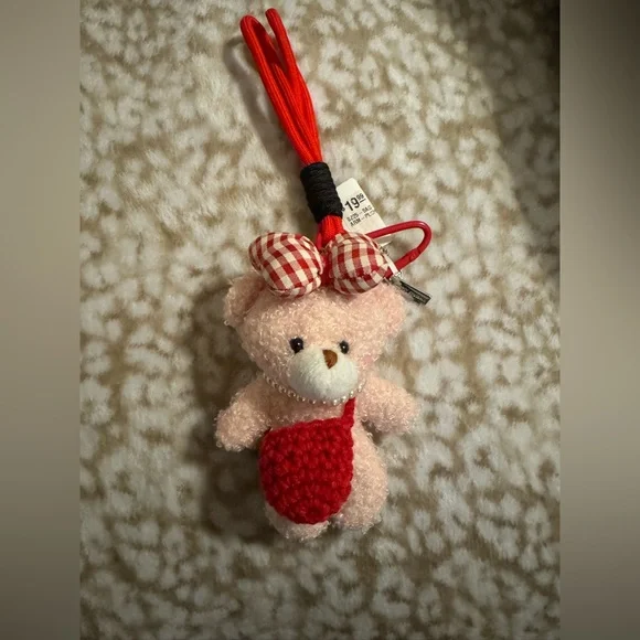 NWT Simply Southern Pink Teddy Bear Keychain with Red Pouch - Picture 2 of 6